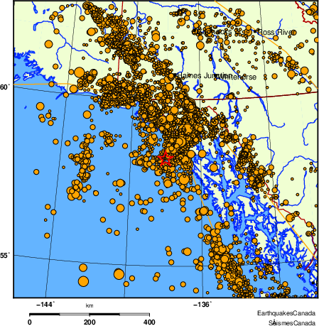 carte des des séismes de magnitude 2,0 et plus depuis 2000