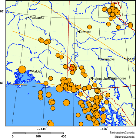 carte des séismes historiques de magnitude 5,0 et plus.  Détails dans le tableau de données ci-dessous