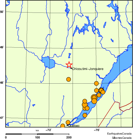 carte des séismes historiques de magnitude 5,0 et plus.  Détails dans le tableau de données ci-dessous