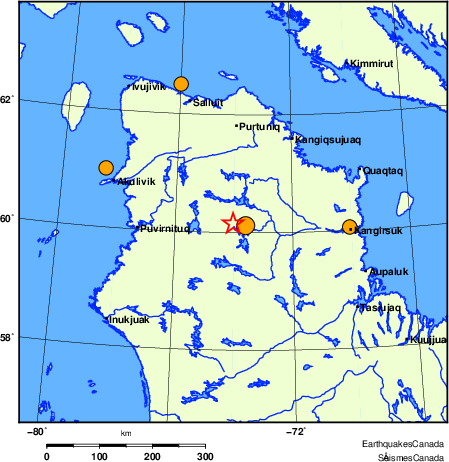 Map of historical earthquakes magnitude 5.0 and larger.  Details in the data table below