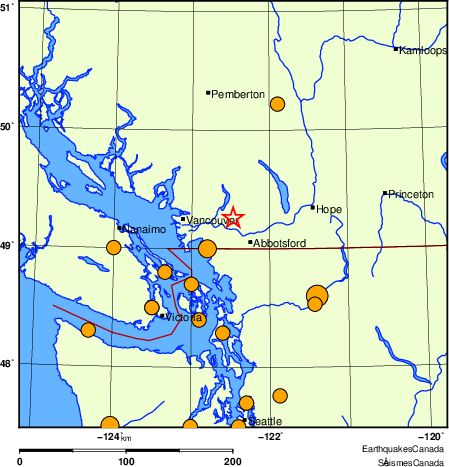 Map of historical earthquakes magnitude 5.0 and larger.  Details in the data table below