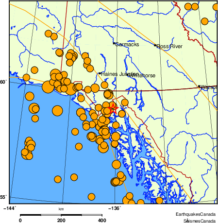 Map of historical earthquakes magnitude 5.0 and larger.  Details in the data table below