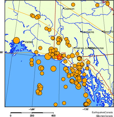 carte des séismes historiques de magnitude 5,0 et plus.  Détails dans le tableau de données ci-dessous