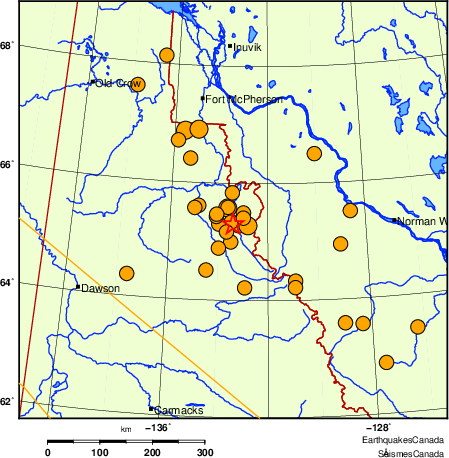 Map of historical earthquakes magnitude 5.0 and larger.  Details in the data table below