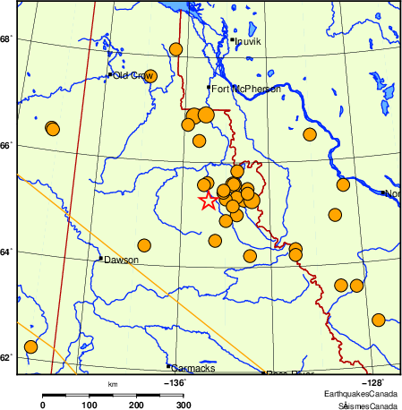 carte des séismes historiques de magnitude 5,0 et plus.  Détails dans le tableau de données ci-dessous