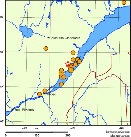 Map of historical earthquakes magnitude 5.0 and larger.  Details in the data table below