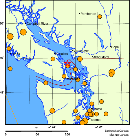 Map of historical earthquakes magnitude 5.0 and larger.  Details in the data table below