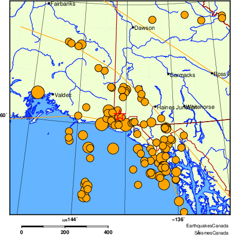 Map of historical earthquakes magnitude 5.0 and larger.  Details in the data table below