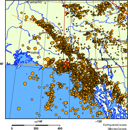 carte des des séismes de magnitude 2,0 et plus depuis 2000