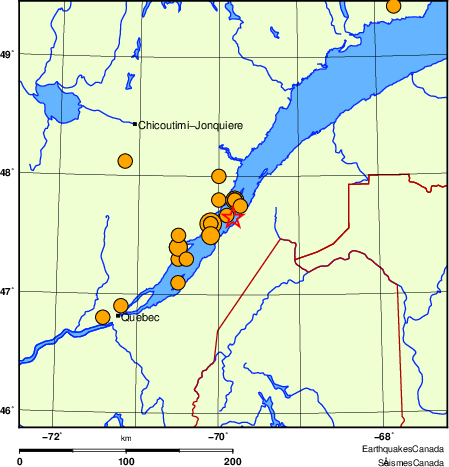 Map of historical earthquakes magnitude 5.0 and larger.  Details in the data table below