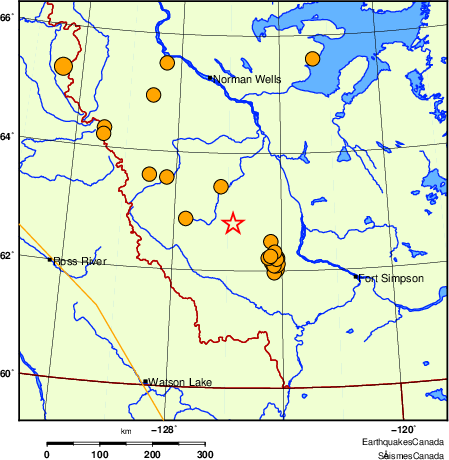 carte des séismes historiques de magnitude 5,0 et plus.  Détails dans le tableau de données ci-dessous