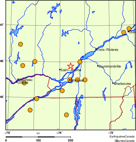 Map of historical earthquakes magnitude 5.0 and larger.  Details in the data table below