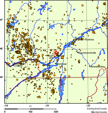 carte des des séismes de magnitude 2,0 et plus depuis 2000