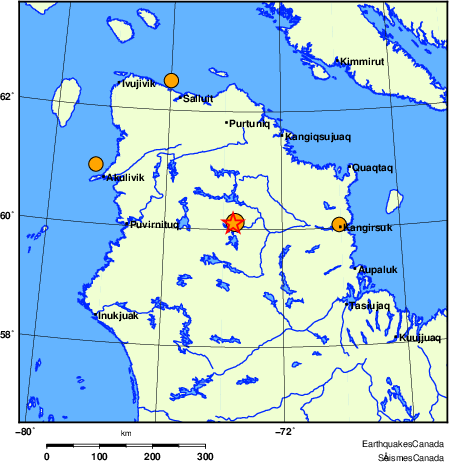 Map of historical earthquakes magnitude 5.0 and larger.  Details in the data table below