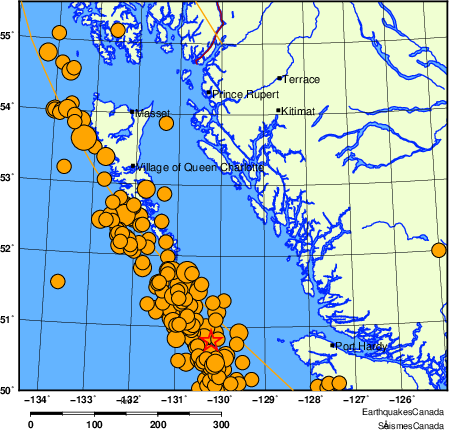 Map of historical earthquakes magnitude 5.0 and larger.  Details in the data table below