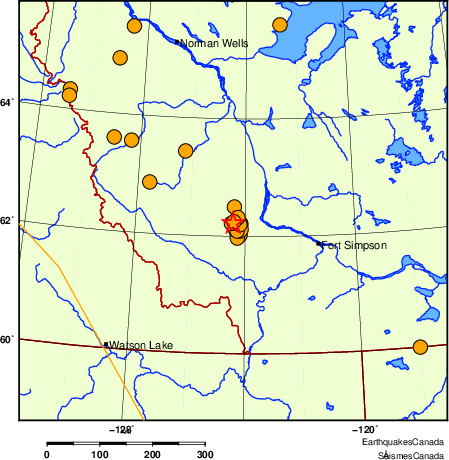 carte des séismes historiques de magnitude 5,0 et plus.  Détails dans le tableau de données ci-dessous