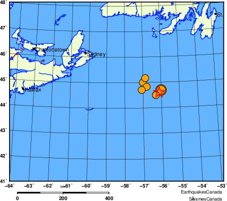 carte des séismes historiques de magnitude 5,0 et plus.  Détails dans le tableau de données ci-dessous