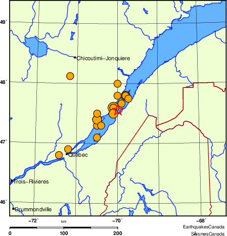 Map of historical earthquakes magnitude 5.0 and larger.  Details in the data table below