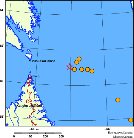 Map of historical earthquakes magnitude 5.0 and larger.  Details in the data table below