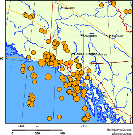 Map of historical earthquakes magnitude 5.0 and larger.  Details in the data table below