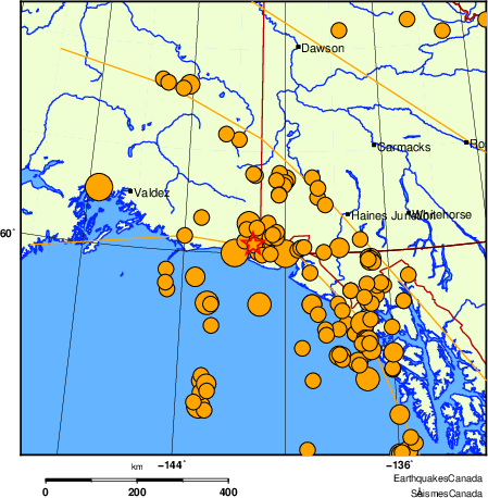 Map of historical earthquakes magnitude 5.0 and larger.  Details in the data table below