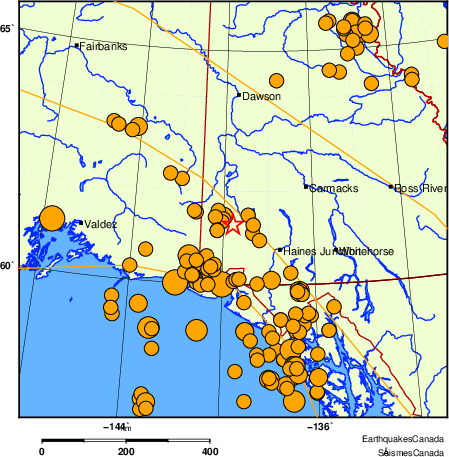 carte des séismes historiques de magnitude 5,0 et plus.  Détails dans le tableau de données ci-dessous