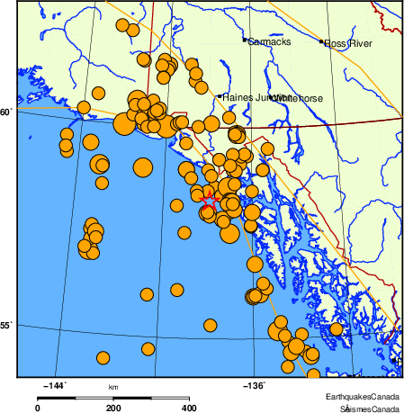 Map of historical earthquakes magnitude 5.0 and larger.  Details in the data table below