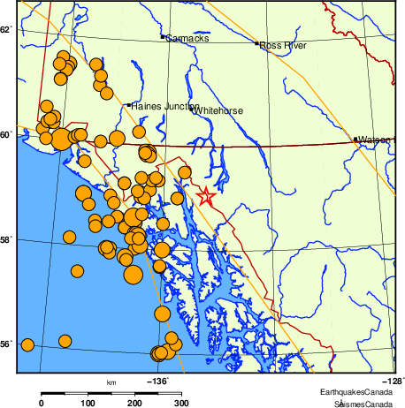 carte des séismes historiques de magnitude 5,0 et plus.  Détails dans le tableau de données ci-dessous