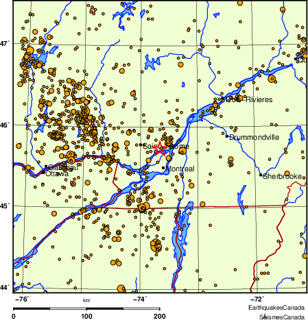 carte des des séismes de magnitude 2,0 et plus depuis 2000