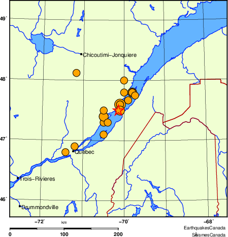 Map of historical earthquakes magnitude 5.0 and larger.  Details in the data table below