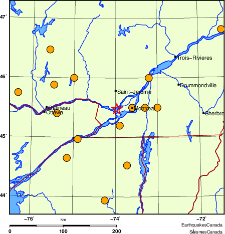 Map of historical earthquakes magnitude 5.0 and larger.  Details in the data table below