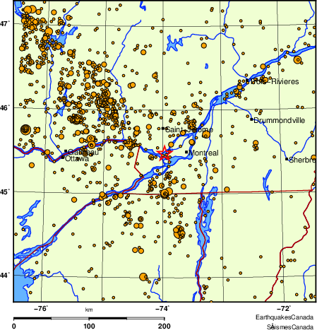 carte des des séismes de magnitude 2,0 et plus depuis 2000