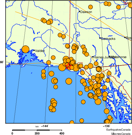 Map of historical earthquakes magnitude 5.0 and larger.  Details in the data table below