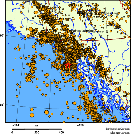 carte des des séismes de magnitude 2,0 et plus depuis 2000