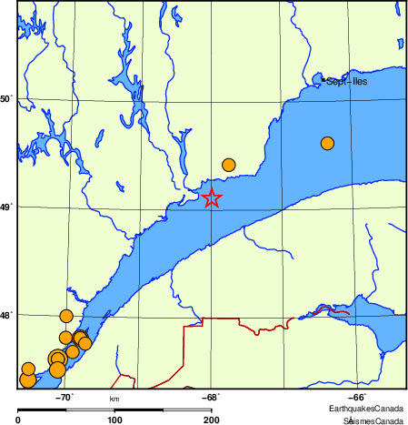 Map of historical earthquakes magnitude 5.0 and larger.  Details in the data table below