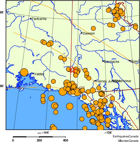 Map of historical earthquakes magnitude 5.0 and larger.  Details in the data table below