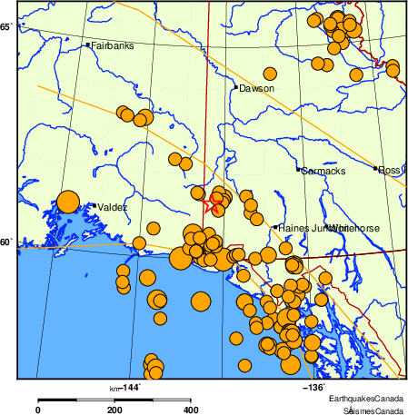 Map of historical earthquakes magnitude 5.0 and larger.  Details in the data table below