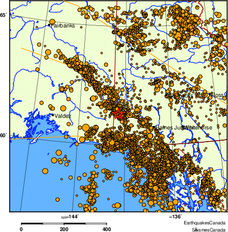 carte des des séismes de magnitude 2,0 et plus depuis 2000