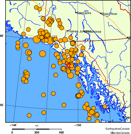 Map of historical earthquakes magnitude 5.0 and larger.  Details in the data table below