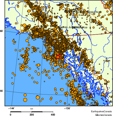 carte des des séismes de magnitude 2,0 et plus depuis 2000