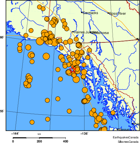 Map of historical earthquakes magnitude 5.0 and larger.  Details in the data table below