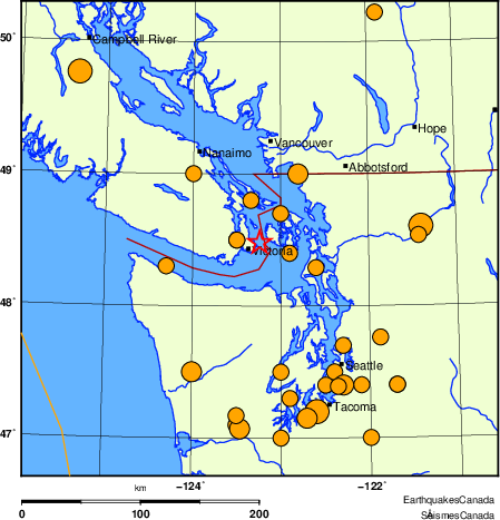 Map of historical earthquakes magnitude 5.0 and larger.  Details in the data table below