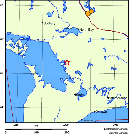 Map of historical earthquakes magnitude 5.0 and larger.  Details in the data table below