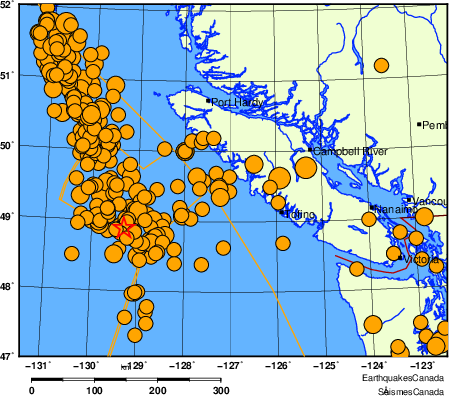 Map of historical earthquakes magnitude 5.0 and larger.  Details in the data table below