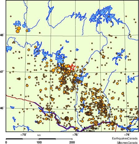 carte des des séismes de magnitude 2,0 et plus depuis 2000