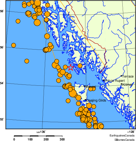 carte des séismes historiques de magnitude 5,0 et plus.  Détails dans le tableau de données ci-dessous