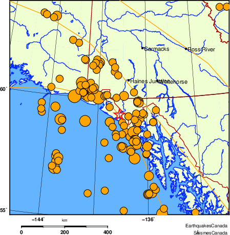 Map of historical earthquakes magnitude 5.0 and larger.  Details in the data table below