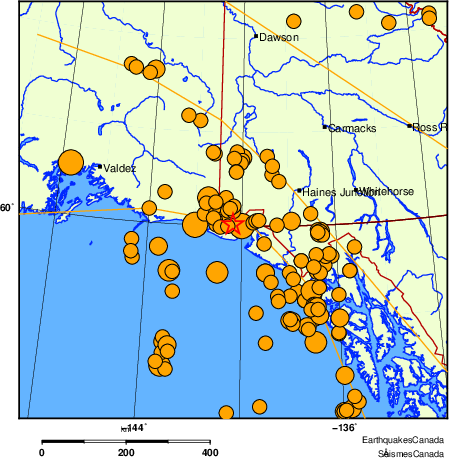 Map of historical earthquakes magnitude 5.0 and larger.  Details in the data table below