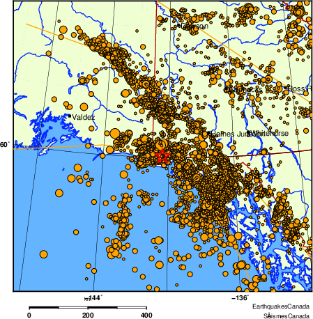 carte des des séismes de magnitude 2,0 et plus depuis 2000