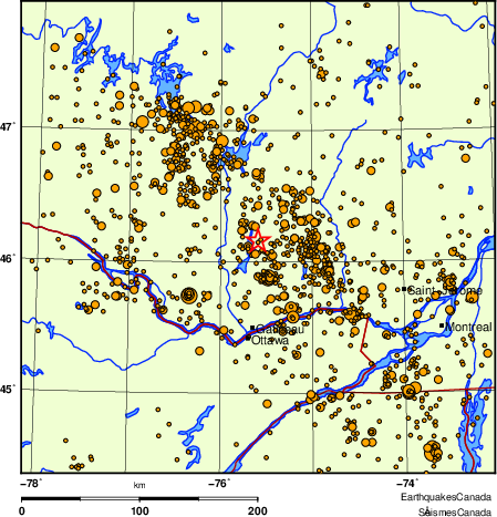 carte des des séismes de magnitude 2,0 et plus depuis 2000